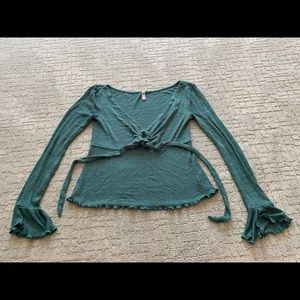 Free People Green Long Sleeve Shirt Blouse Key hole front tie Gold fleck Small S